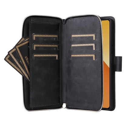 Redmi Note 13 5G Global Leather Wallet Case with 9 Card Slots, Zipped Cash Pocket & Kickstand - Premium PU TPU Protective Cover with Wrist Strap