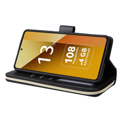 Redmi Note 13 5G Global Leather Wallet Case with 9 Card Slots, Zipped Cash Pocket & Kickstand - Premium PU TPU Protective Cover with Wrist Strap