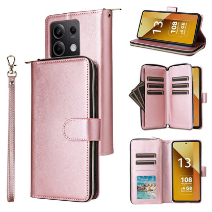 Redmi Note 13 5G Global Leather Wallet Case with 9 Card Slots, Zipped Cash Pocket & Kickstand - Premium PU TPU Protective Cover with Wrist Strap