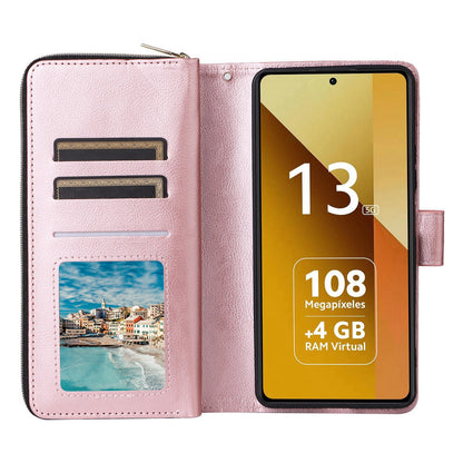Redmi Note 13 5G Global Leather Wallet Case with 9 Card Slots, Zipped Cash Pocket & Kickstand - Premium PU TPU Protective Cover with Wrist Strap