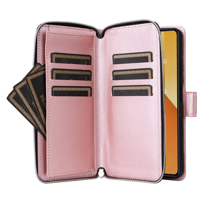 Redmi Note 13 5G Global Leather Wallet Case with 9 Card Slots, Zipped Cash Pocket & Kickstand - Premium PU TPU Protective Cover with Wrist Strap