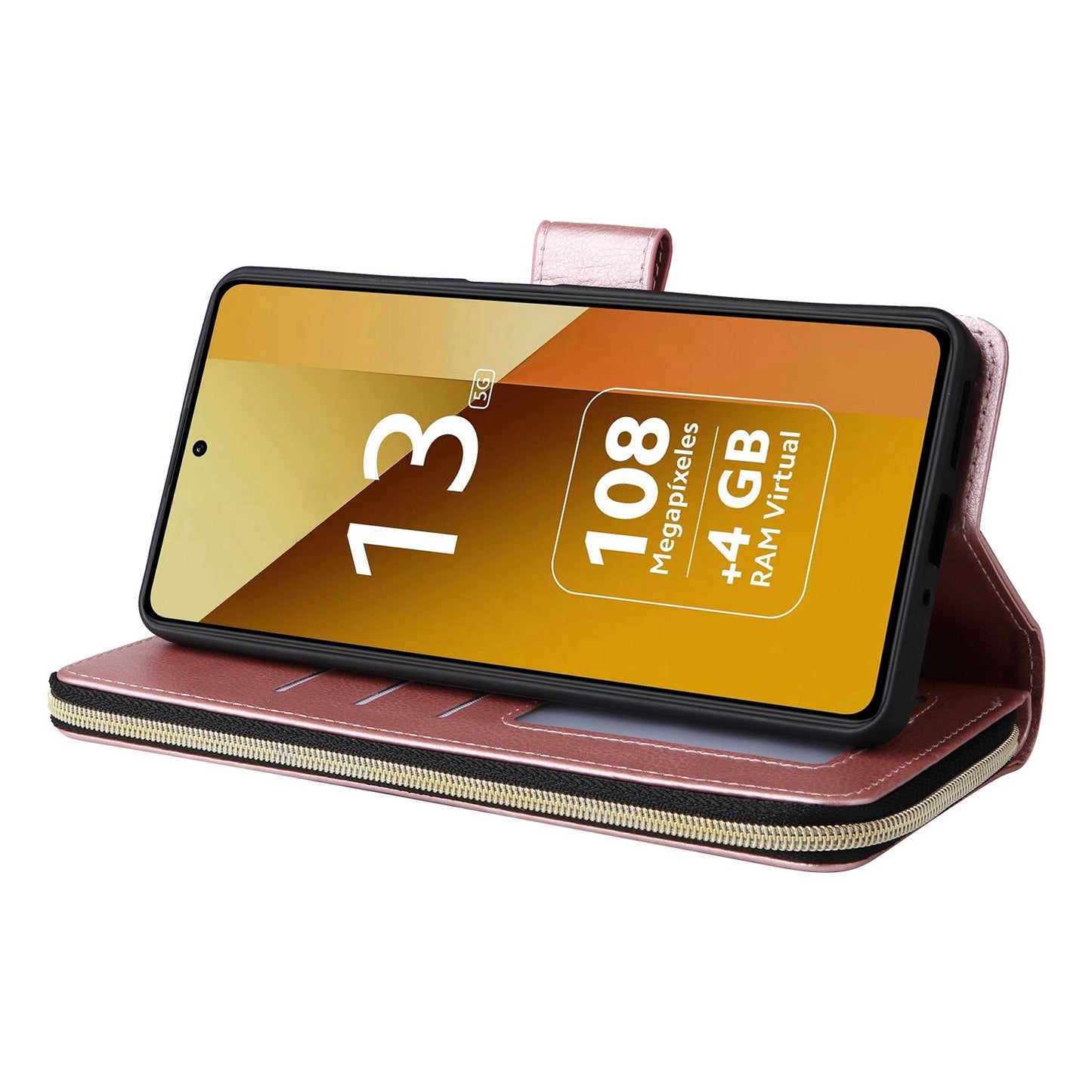 Redmi Note 13 5G Global Leather Wallet Case with 9 Card Slots, Zipped Cash Pocket & Kickstand - Premium PU TPU Protective Cover with Wrist Strap