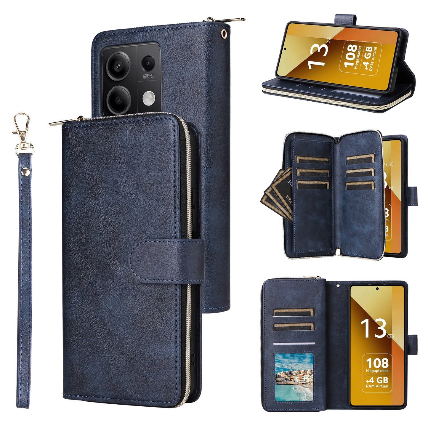 Redmi Note 13 5G Global Leather Wallet Case with 9 Card Slots, Zipped Cash Pocket & Kickstand - Premium PU TPU Protective Cover with Wrist Strap