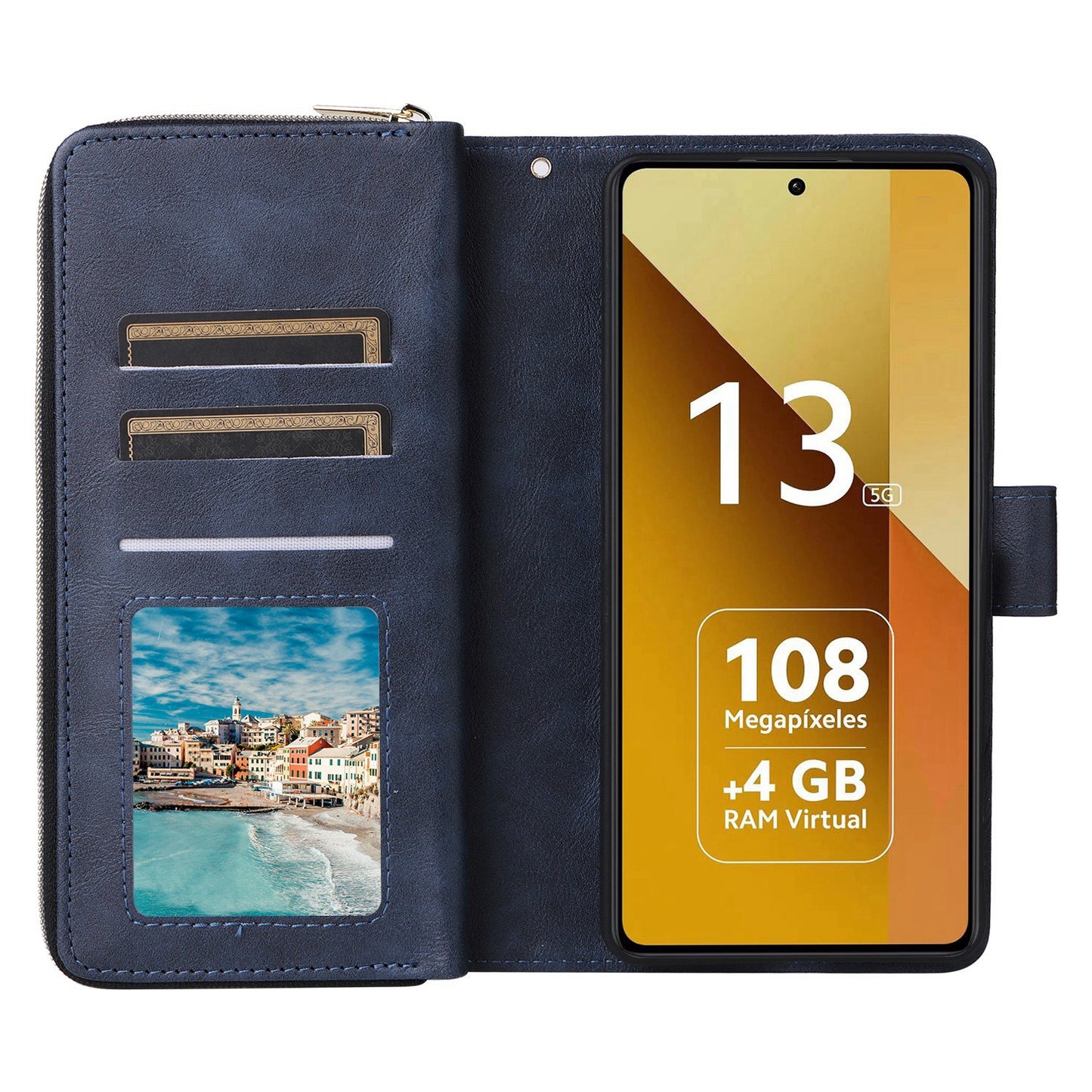 Redmi Note 13 5G Global Leather Wallet Case with 9 Card Slots, Zipped Cash Pocket & Kickstand - Premium PU TPU Protective Cover with Wrist Strap