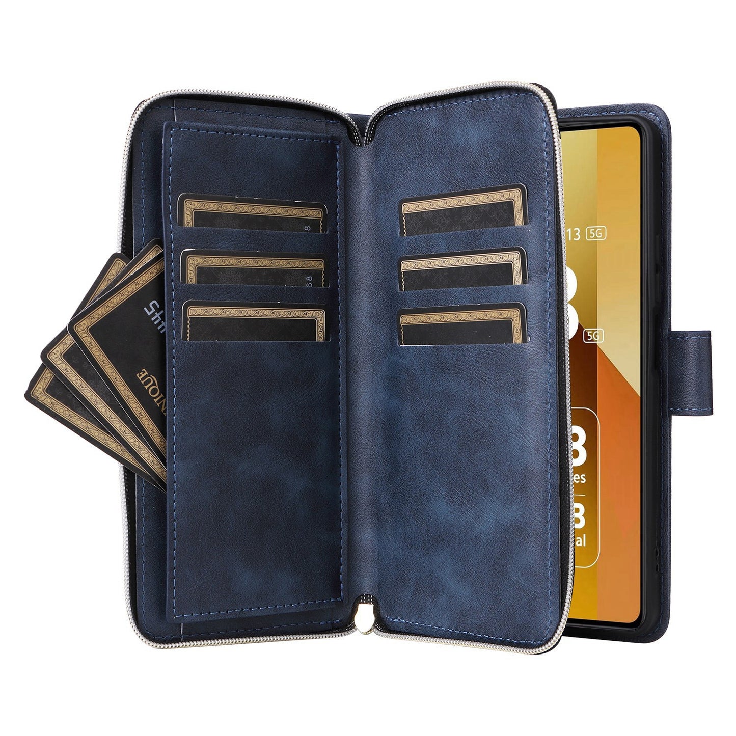 Redmi Note 13 5G Global Leather Wallet Case with 9 Card Slots, Zipped Cash Pocket & Kickstand - Premium PU TPU Protective Cover with Wrist Strap