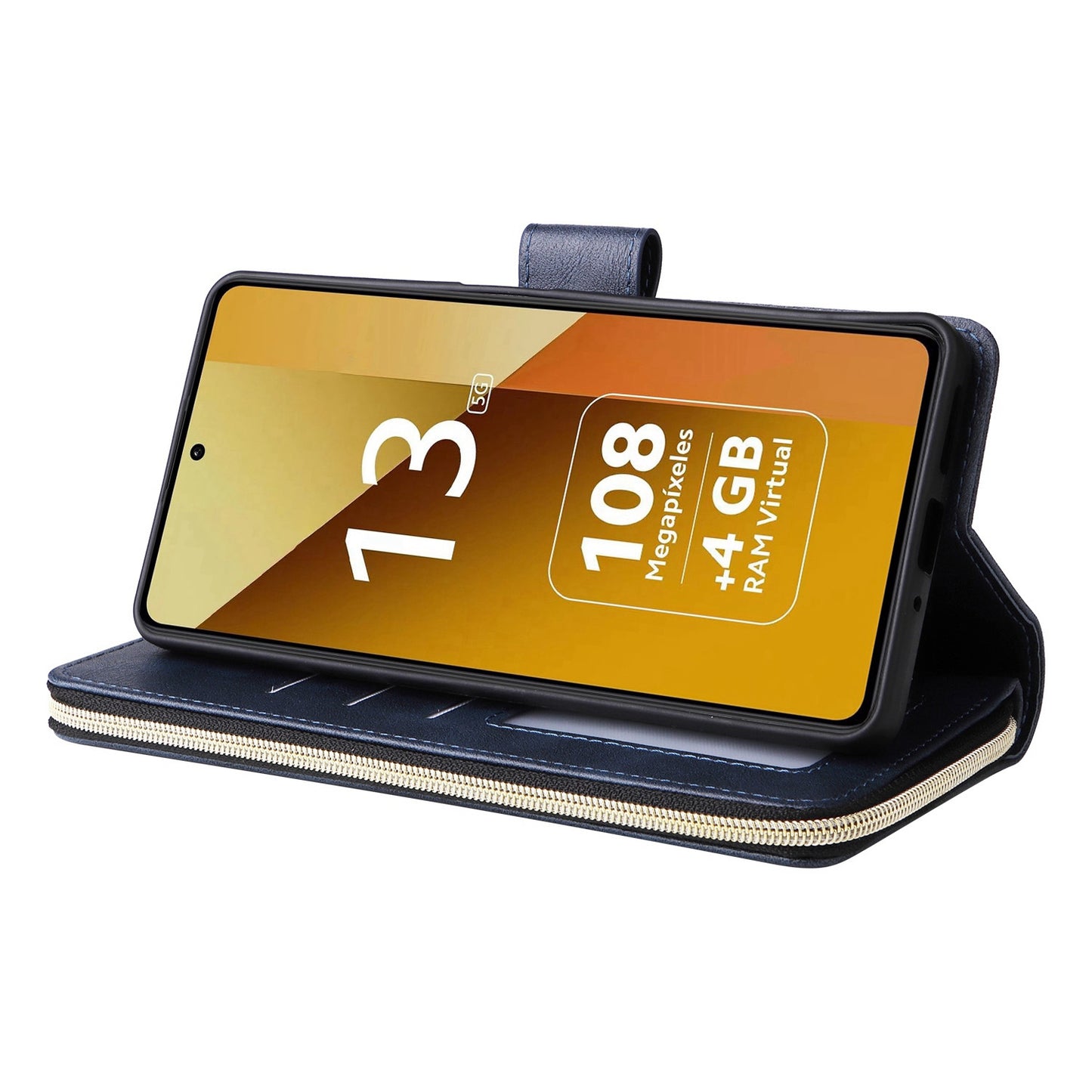 Redmi Note 13 5G Global Leather Wallet Case with 9 Card Slots, Zipped Cash Pocket & Kickstand - Premium PU TPU Protective Cover with Wrist Strap