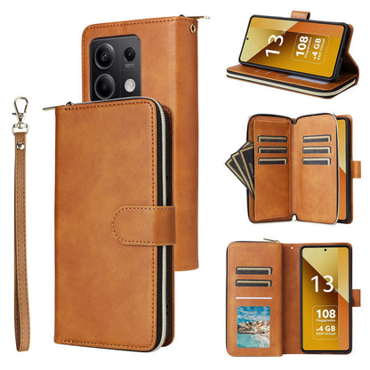 Redmi Note 13 5G Global Leather Wallet Case with 9 Card Slots, Zipped Cash Pocket & Kickstand - Premium PU TPU Protective Cover with Wrist Strap
