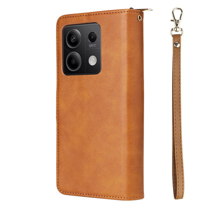 Redmi Note 13 5G Global Leather Wallet Case with 9 Card Slots, Zipped Cash Pocket & Kickstand - Premium PU TPU Protective Cover with Wrist Strap