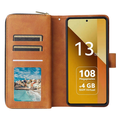 Redmi Note 13 5G Global Leather Wallet Case with 9 Card Slots, Zipped Cash Pocket & Kickstand - Premium PU TPU Protective Cover with Wrist Strap