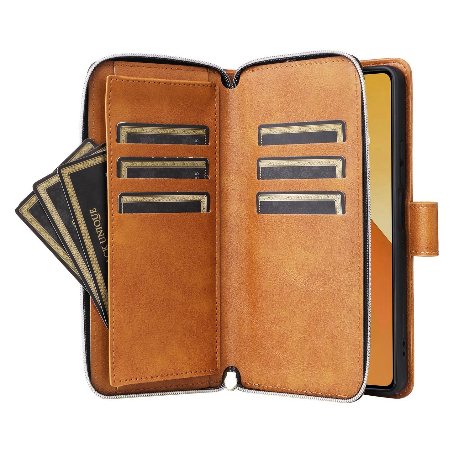 Redmi Note 13 5G Global Leather Wallet Case with 9 Card Slots, Zipped Cash Pocket & Kickstand - Premium PU TPU Protective Cover with Wrist Strap