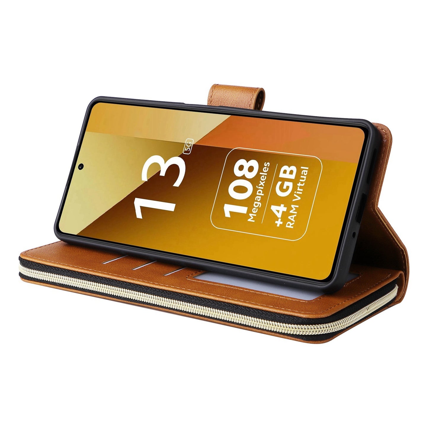 Redmi Note 13 5G Global Leather Wallet Case with 9 Card Slots, Zipped Cash Pocket & Kickstand - Premium PU TPU Protective Cover with Wrist Strap