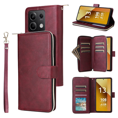 Redmi Note 13 5G Global Leather Wallet Case with 9 Card Slots, Zipped Cash Pocket & Kickstand - Premium PU TPU Protective Cover with Wrist Strap