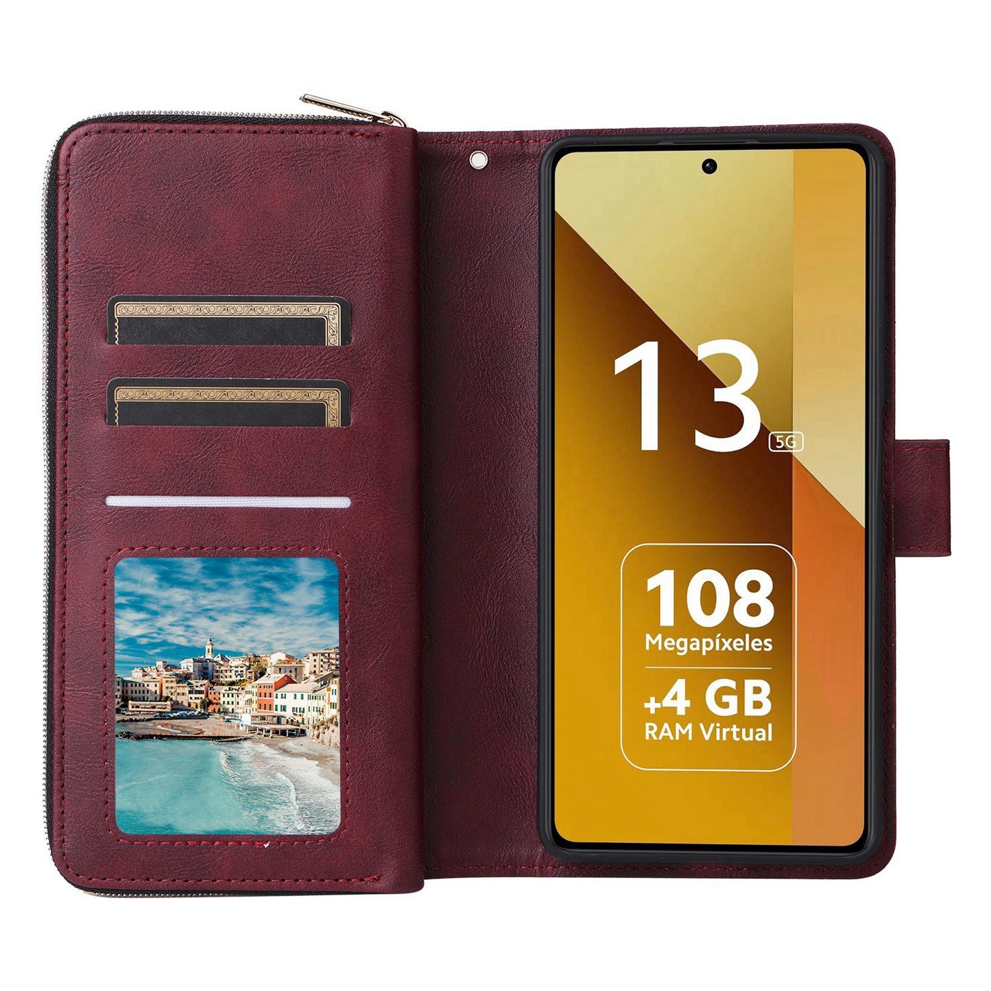 Redmi Note 13 5G Global Leather Wallet Case with 9 Card Slots, Zipped Cash Pocket & Kickstand - Premium PU TPU Protective Cover with Wrist Strap