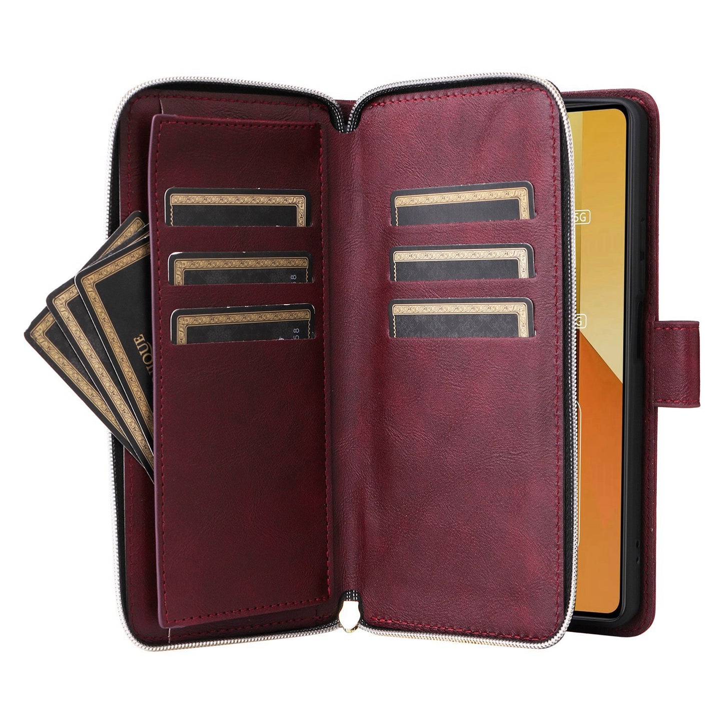 Redmi Note 13 5G Global Leather Wallet Case with 9 Card Slots, Zipped Cash Pocket & Kickstand - Premium PU TPU Protective Cover with Wrist Strap