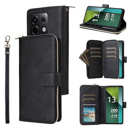 Redmi Note 13 Pro 5G Global Leather Wallet Case with 9 Card Slots, Zipped Cash Pocket & Kickstand - Premium PU TPU Protective Cover with Wrist Strap