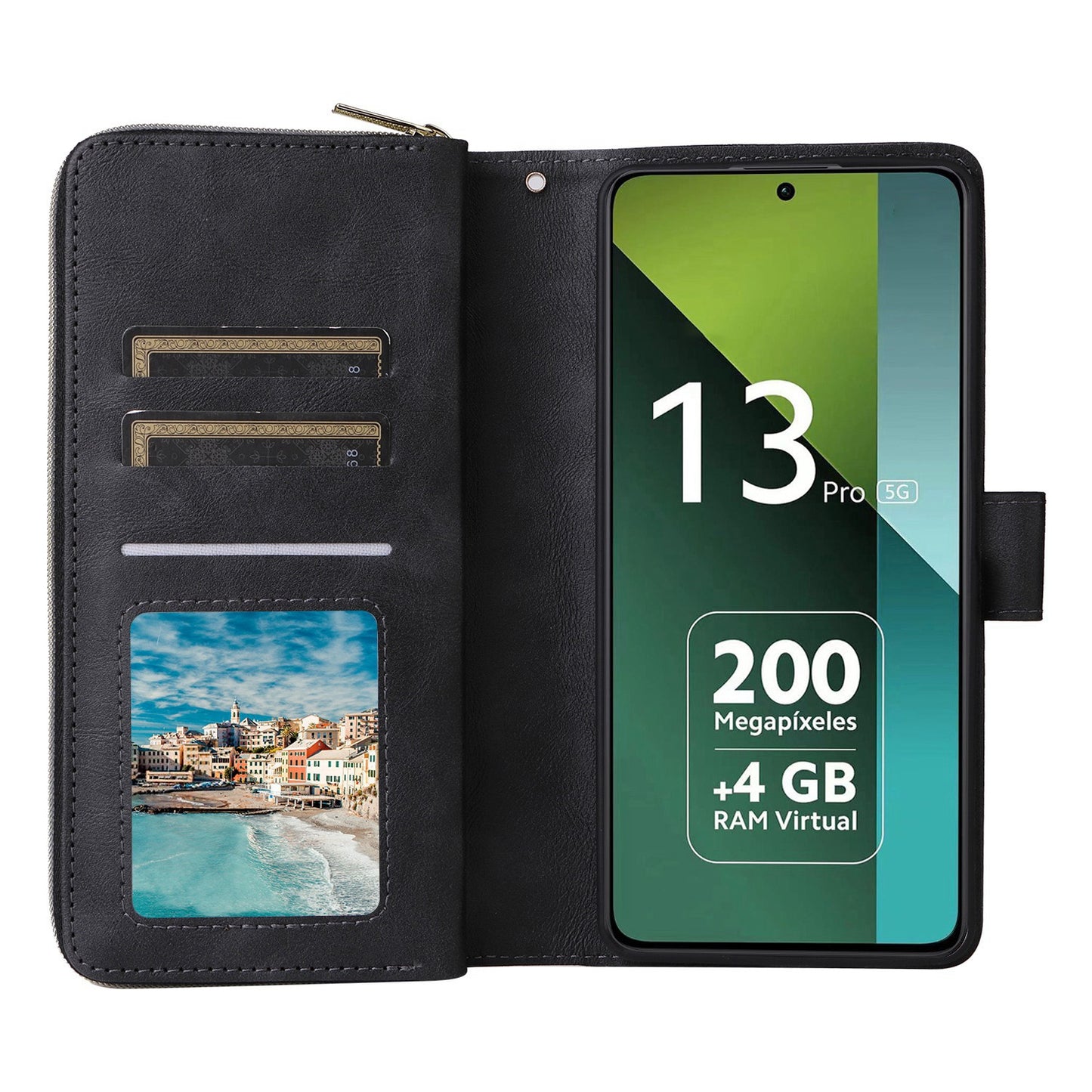 Redmi Note 13 Pro 5G Global Leather Wallet Case with 9 Card Slots, Zipped Cash Pocket & Kickstand - Premium PU TPU Protective Cover with Wrist Strap