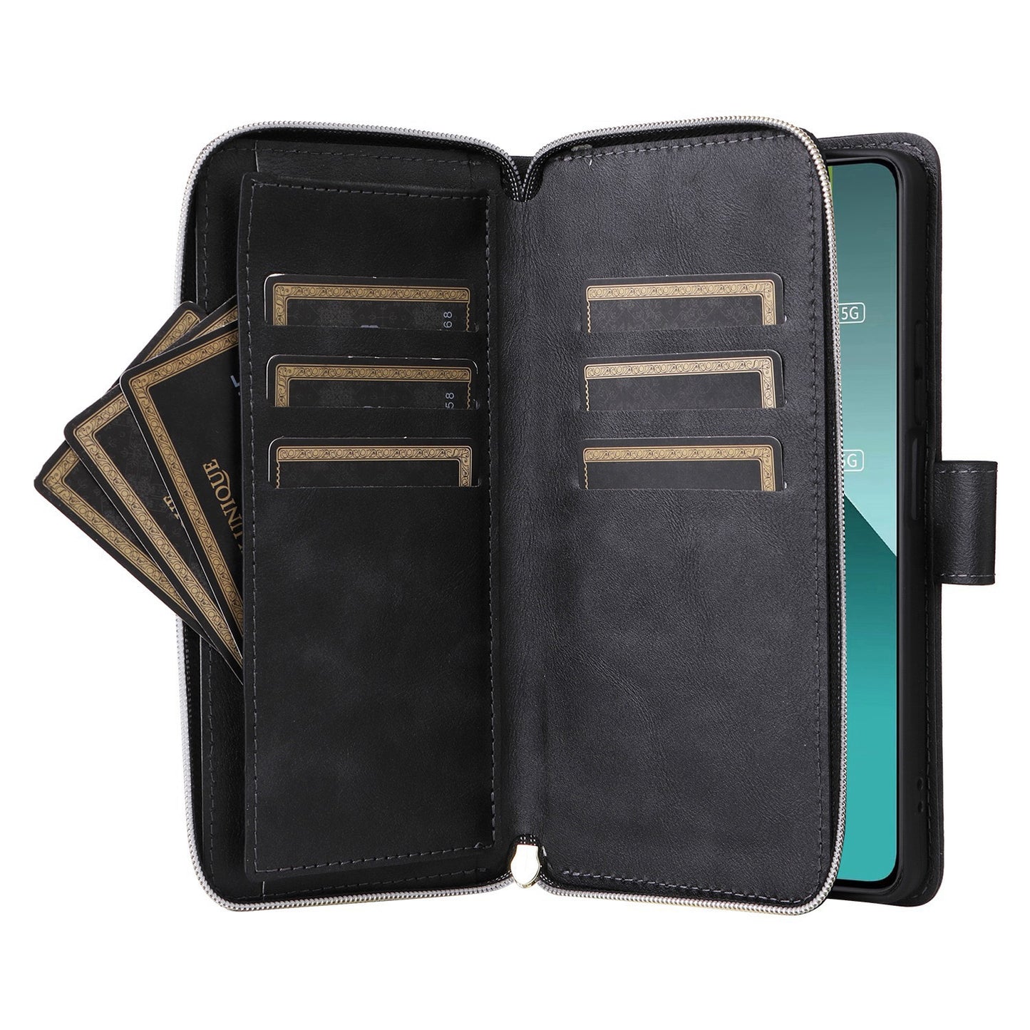 Redmi Note 13 Pro 5G Global Leather Wallet Case with 9 Card Slots, Zipped Cash Pocket & Kickstand - Premium PU TPU Protective Cover with Wrist Strap