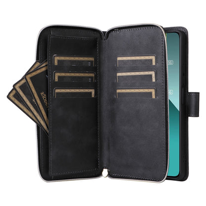 Redmi Note 13 Pro 5G Global Leather Wallet Case with 9 Card Slots, Zipped Cash Pocket & Kickstand - Premium PU TPU Protective Cover with Wrist Strap