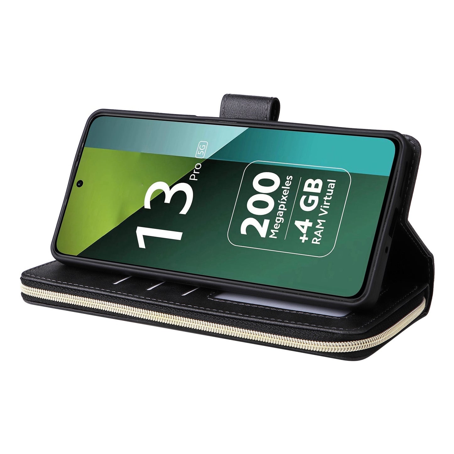 Redmi Note 13 Pro 5G Global Leather Wallet Case with 9 Card Slots, Zipped Cash Pocket & Kickstand - Premium PU TPU Protective Cover with Wrist Strap