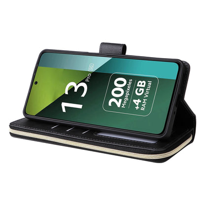 Redmi Note 13 Pro 5G Global Leather Wallet Case with 9 Card Slots, Zipped Cash Pocket & Kickstand - Premium PU TPU Protective Cover with Wrist Strap