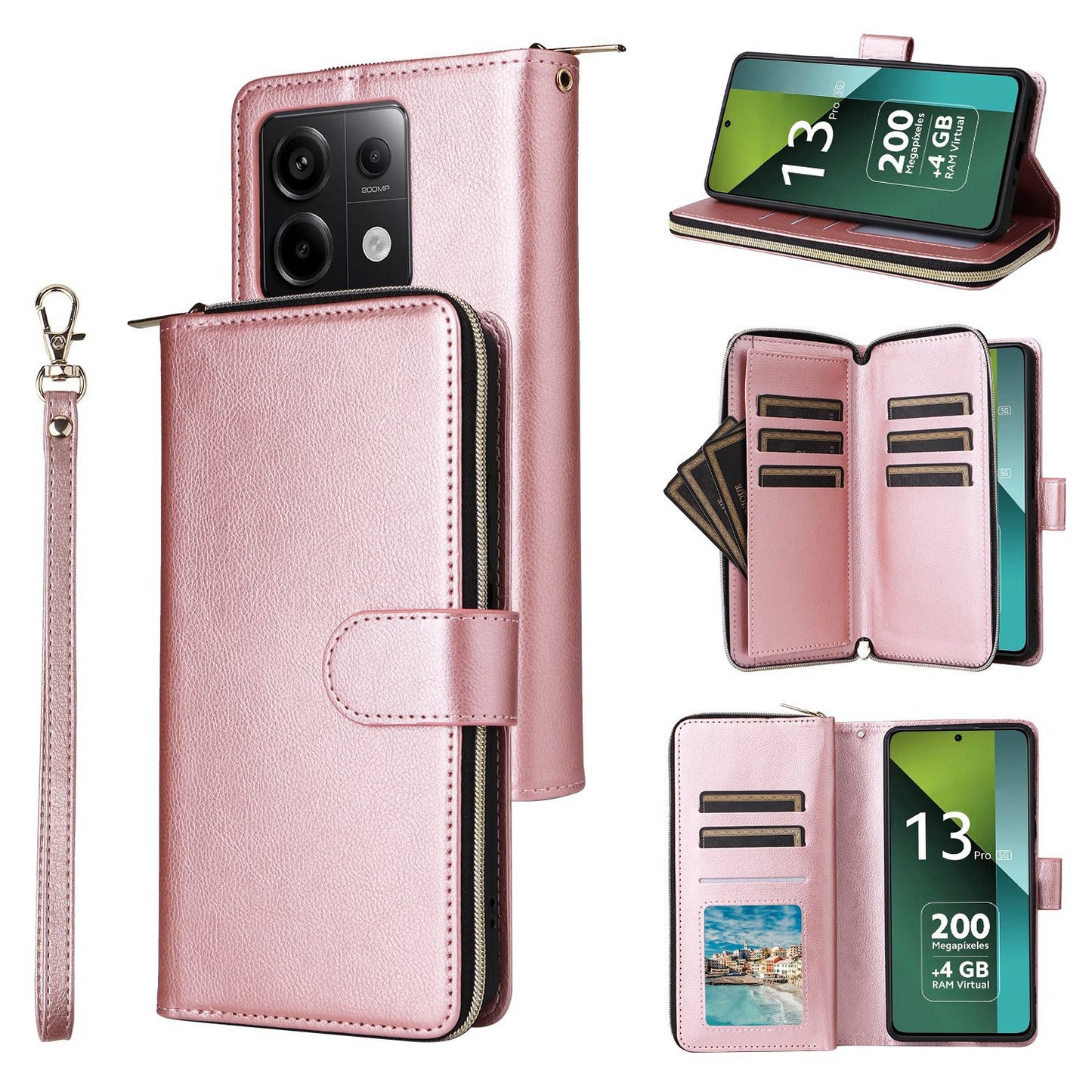 Redmi Note 13 Pro 5G Global Leather Wallet Case with 9 Card Slots, Zipped Cash Pocket & Kickstand - Premium PU TPU Protective Cover with Wrist Strap