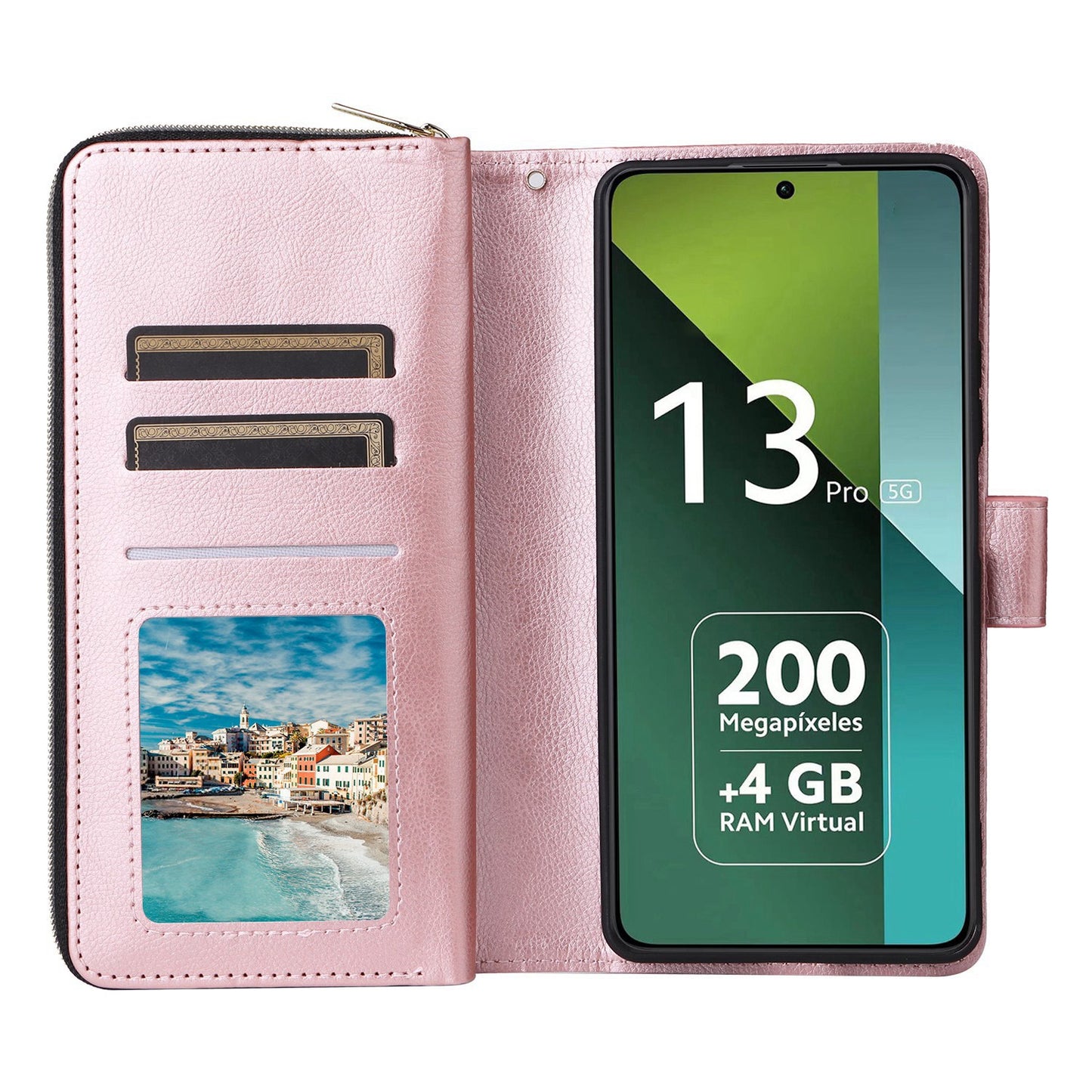 Redmi Note 13 Pro 5G Global Leather Wallet Case with 9 Card Slots, Zipped Cash Pocket & Kickstand - Premium PU TPU Protective Cover with Wrist Strap