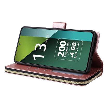 Redmi Note 13 Pro 5G Global Leather Wallet Case with 9 Card Slots, Zipped Cash Pocket & Kickstand - Premium PU TPU Protective Cover with Wrist Strap