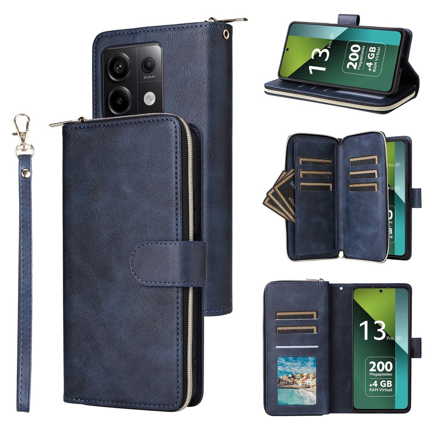 Redmi Note 13 Pro 5G Global Leather Wallet Case with 9 Card Slots, Zipped Cash Pocket & Kickstand - Premium PU TPU Protective Cover with Wrist Strap