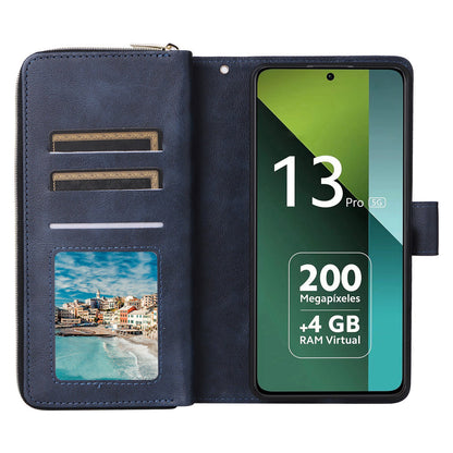 Redmi Note 13 Pro 5G Global Leather Wallet Case with 9 Card Slots, Zipped Cash Pocket & Kickstand - Premium PU TPU Protective Cover with Wrist Strap