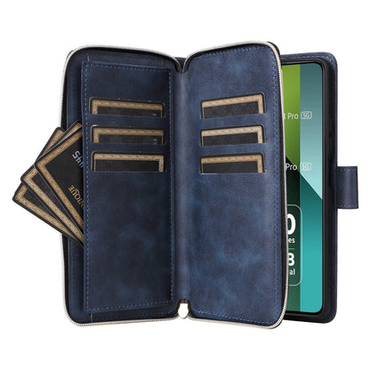 Redmi Note 13 Pro 5G Global Leather Wallet Case with 9 Card Slots, Zipped Cash Pocket & Kickstand - Premium PU TPU Protective Cover with Wrist Strap