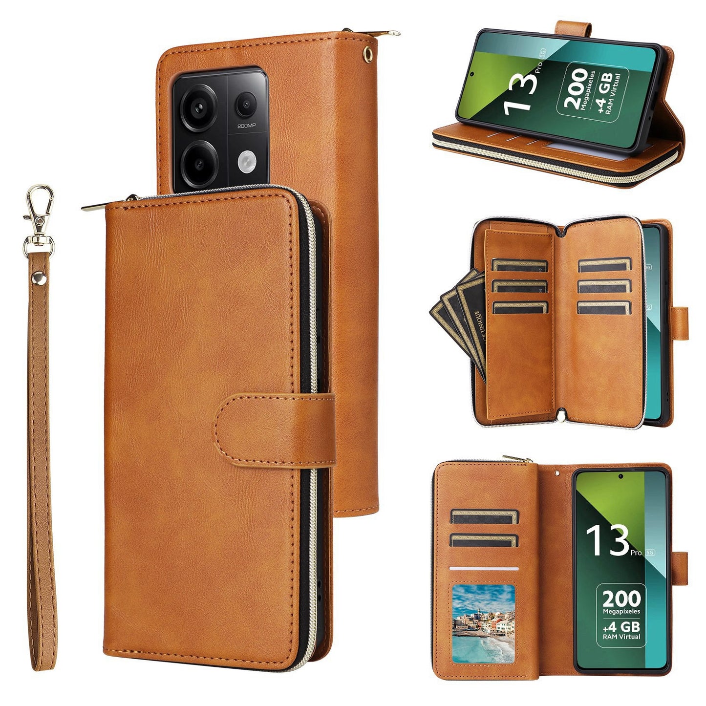 Redmi Note 13 Pro 5G Global Leather Wallet Case with 9 Card Slots, Zipped Cash Pocket & Kickstand - Premium PU TPU Protective Cover with Wrist Strap