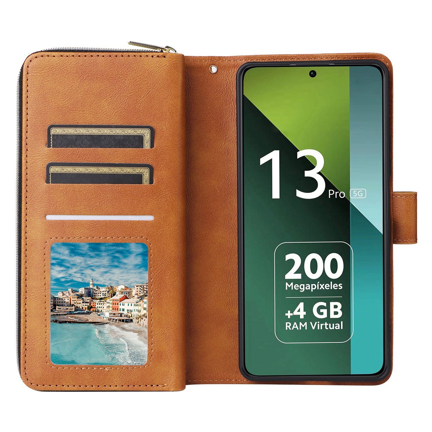 Redmi Note 13 Pro 5G Global Leather Wallet Case with 9 Card Slots, Zipped Cash Pocket & Kickstand - Premium PU TPU Protective Cover with Wrist Strap