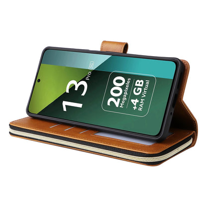 Redmi Note 13 Pro 5G Global Leather Wallet Case with 9 Card Slots, Zipped Cash Pocket & Kickstand - Premium PU TPU Protective Cover with Wrist Strap