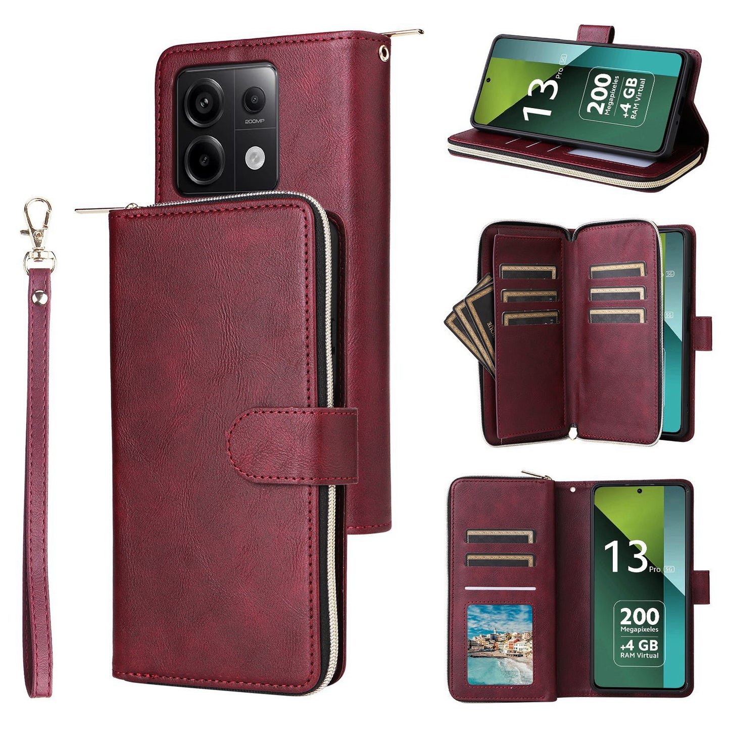 Redmi Note 13 Pro 5G Global Leather Wallet Case with 9 Card Slots, Zipped Cash Pocket & Kickstand - Premium PU TPU Protective Cover with Wrist Strap