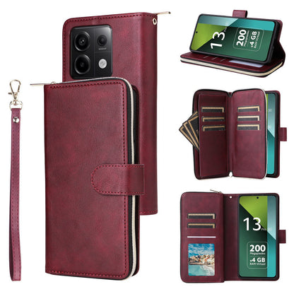 Redmi Note 13 Pro 5G Global Leather Wallet Case with 9 Card Slots, Zipped Cash Pocket & Kickstand - Premium PU TPU Protective Cover with Wrist Strap