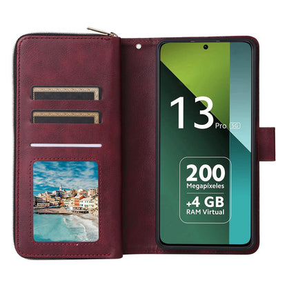 Redmi Note 13 Pro 5G Global Leather Wallet Case with 9 Card Slots, Zipped Cash Pocket & Kickstand - Premium PU TPU Protective Cover with Wrist Strap