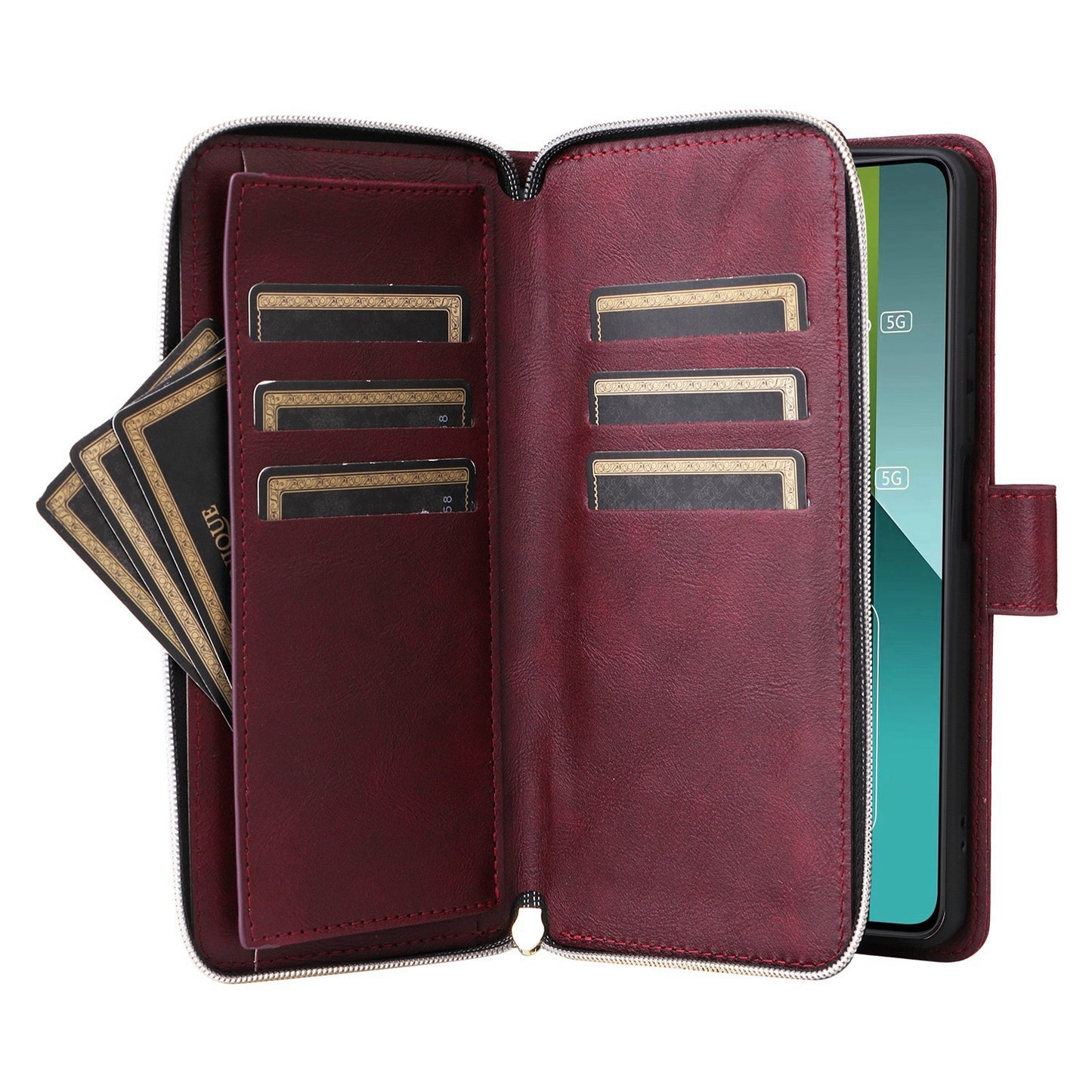 Redmi Note 13 Pro 5G Global Leather Wallet Case with 9 Card Slots, Zipped Cash Pocket & Kickstand - Premium PU TPU Protective Cover with Wrist Strap