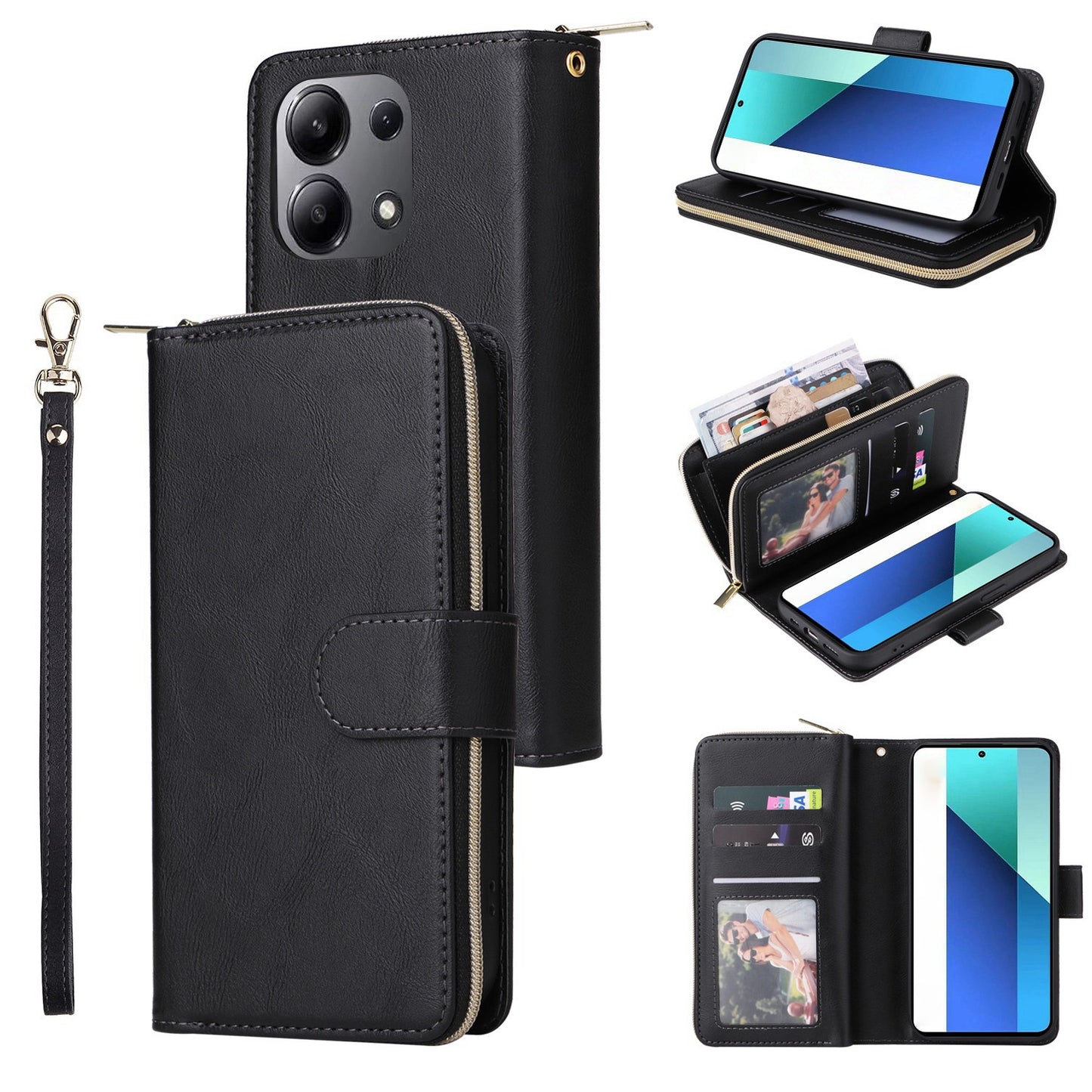 Redmi Note 13 4G Leather Wallet Case with 9 Card Slots, Zipped Cash Pocket & Kickstand - Premium PU TPU Protective Cover with Wrist Strap