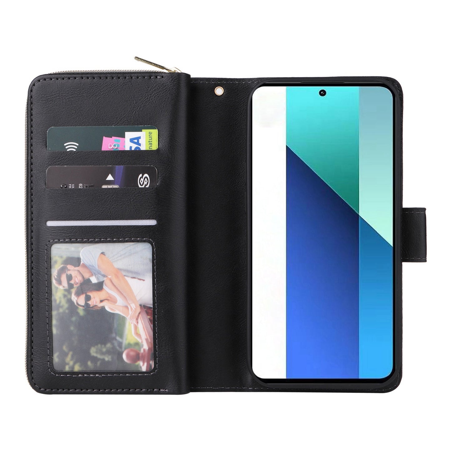 Redmi Note 13 4G Leather Wallet Case with 9 Card Slots, Zipped Cash Pocket & Kickstand - Premium PU TPU Protective Cover with Wrist Strap