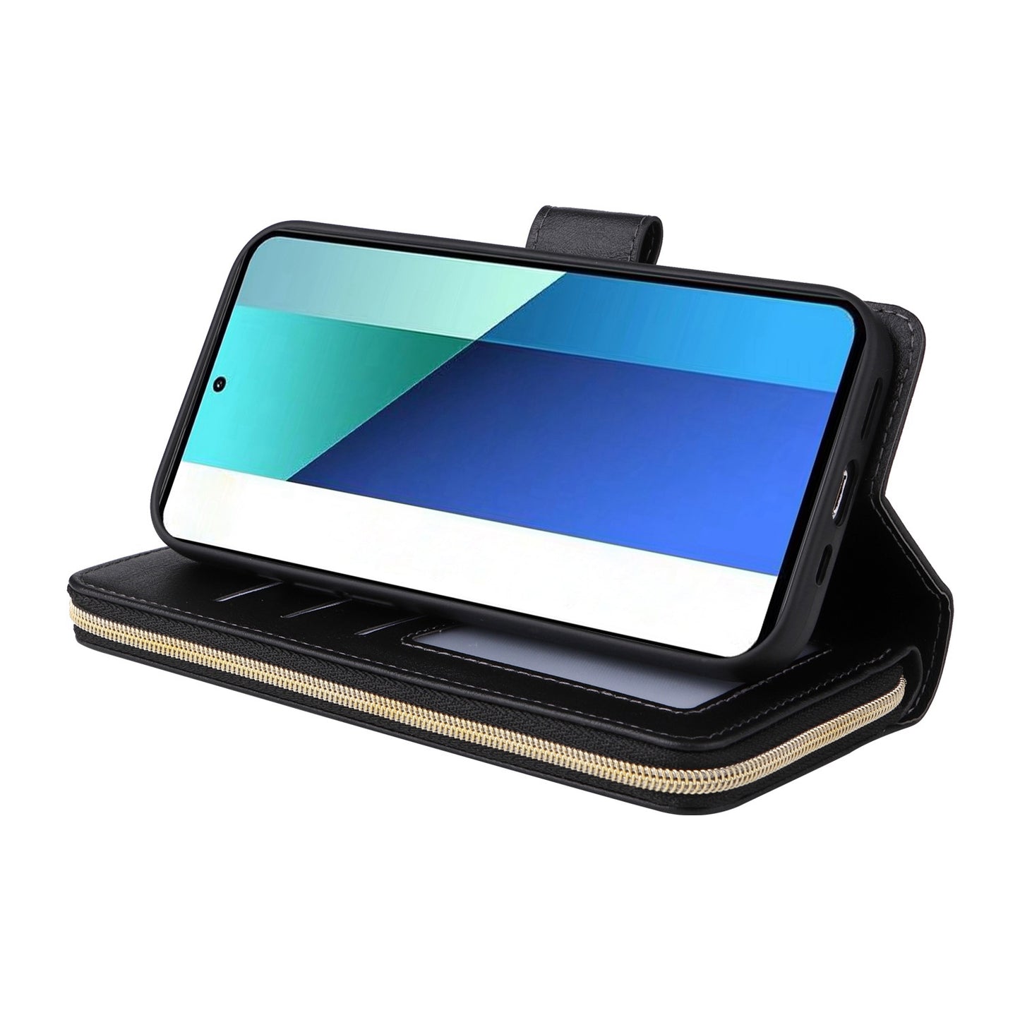 Redmi Note 13 4G Leather Wallet Case with 9 Card Slots, Zipped Cash Pocket & Kickstand - Premium PU TPU Protective Cover with Wrist Strap