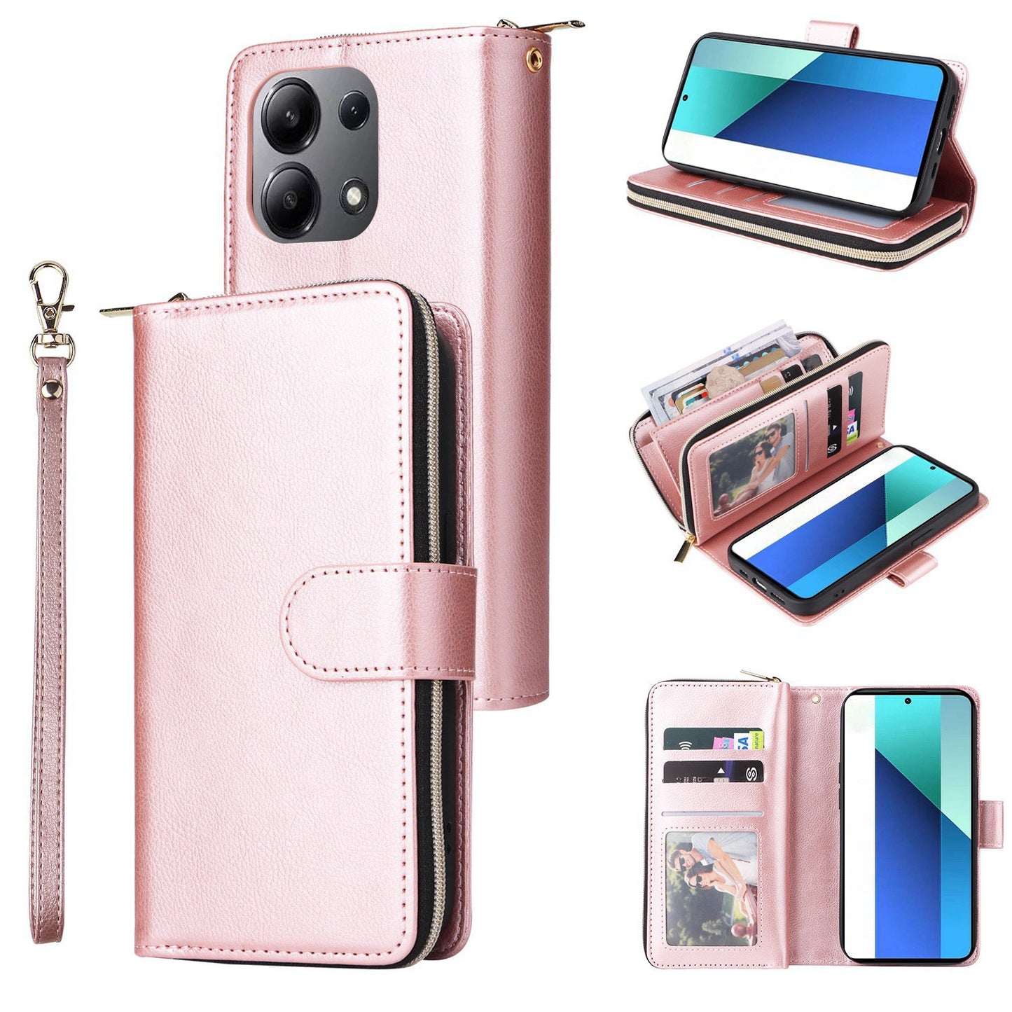 Redmi Note 13 4G Leather Wallet Case with 9 Card Slots, Zipped Cash Pocket & Kickstand - Premium PU TPU Protective Cover with Wrist Strap