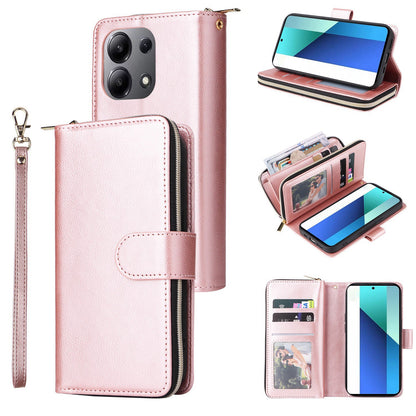 Redmi Note 13 4G Leather Wallet Case with 9 Card Slots, Zipped Cash Pocket & Kickstand - Premium PU TPU Protective Cover with Wrist Strap