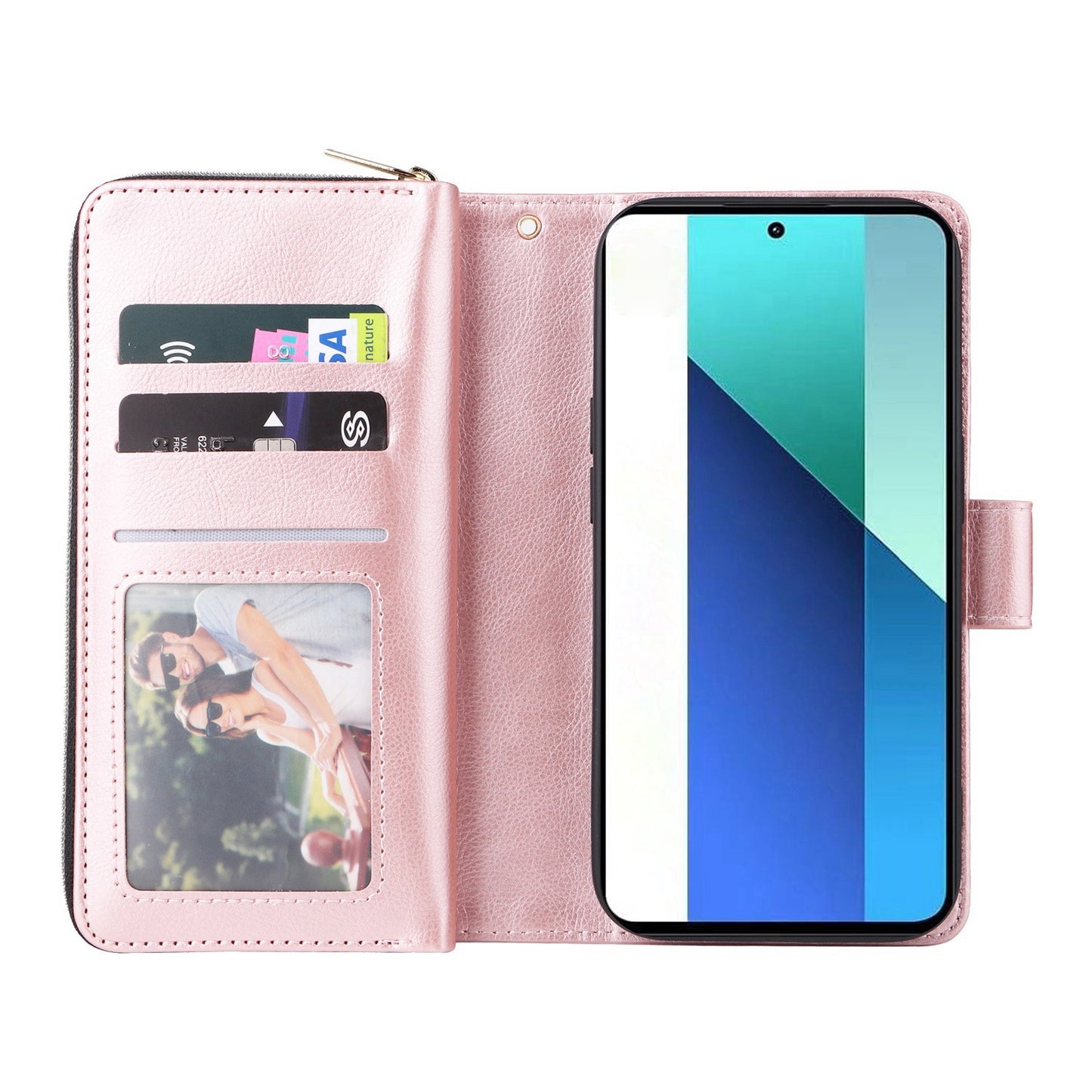 Redmi Note 13 4G Leather Wallet Case with 9 Card Slots, Zipped Cash Pocket & Kickstand - Premium PU TPU Protective Cover with Wrist Strap