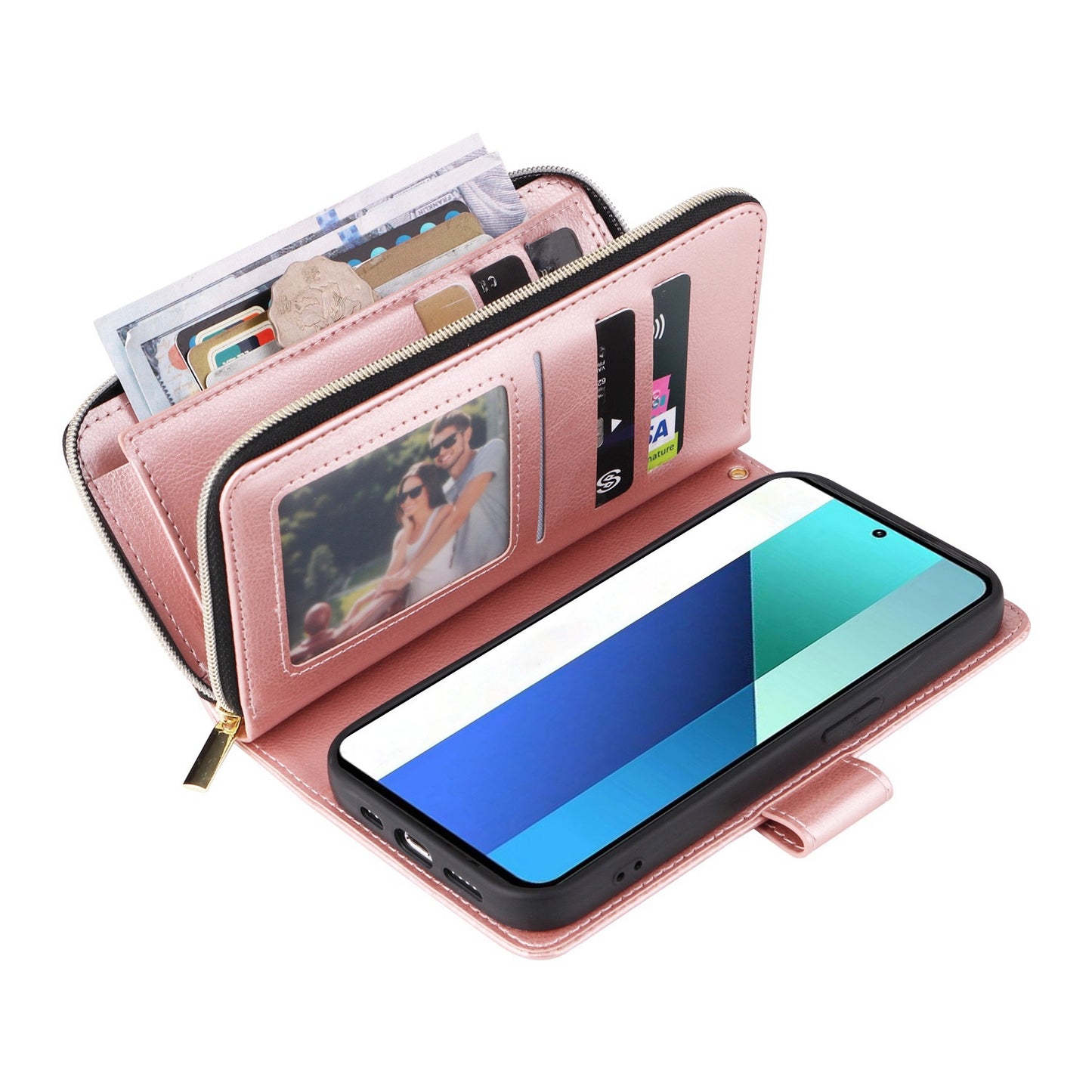 Redmi Note 13 4G Leather Wallet Case with 9 Card Slots, Zipped Cash Pocket & Kickstand - Premium PU TPU Protective Cover with Wrist Strap