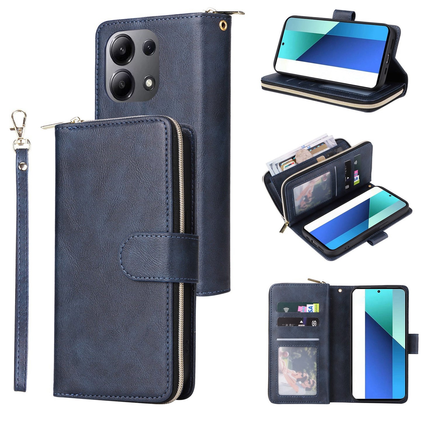 Redmi Note 13 4G Leather Wallet Case with 9 Card Slots, Zipped Cash Pocket & Kickstand - Premium PU TPU Protective Cover with Wrist Strap