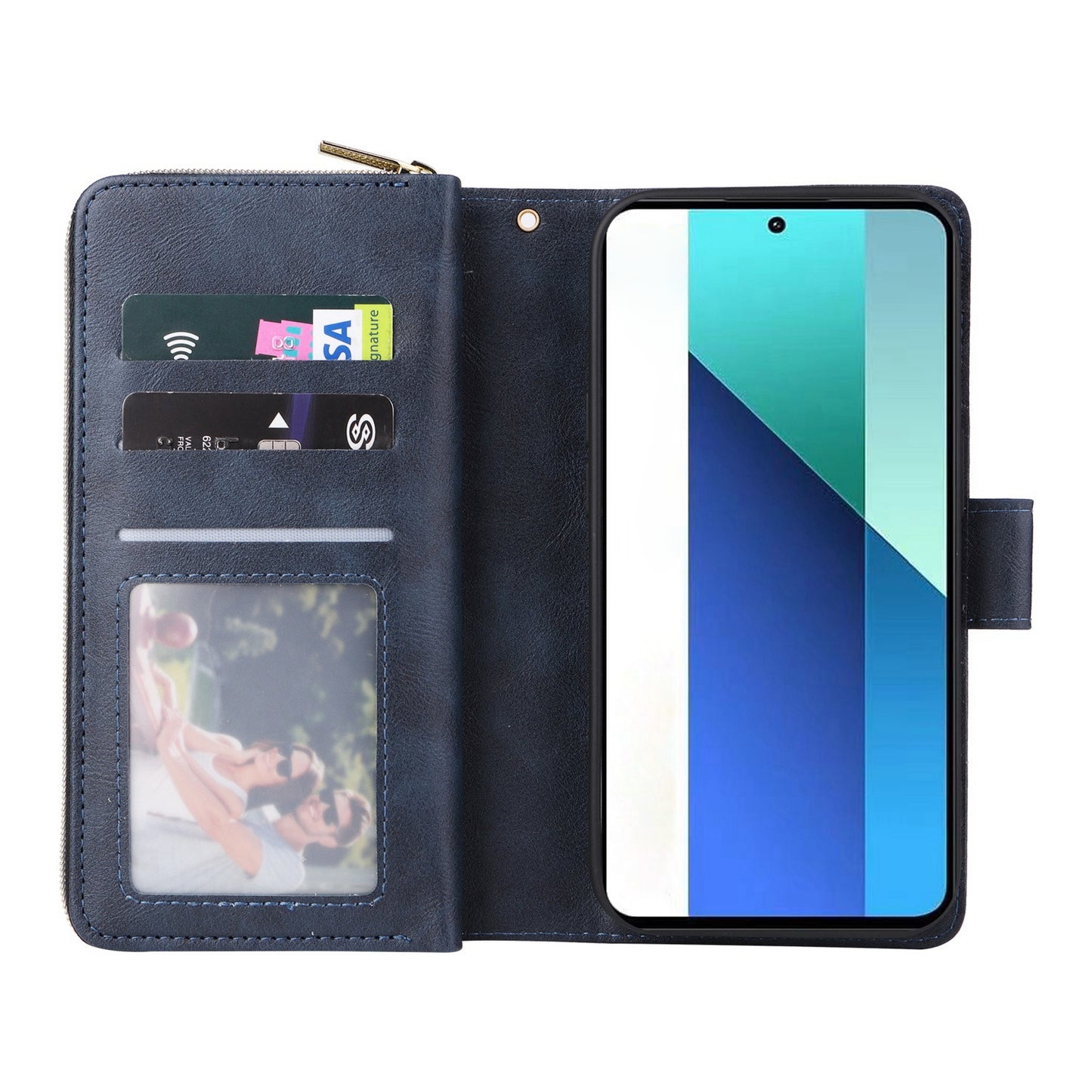 Redmi Note 13 4G Leather Wallet Case with 9 Card Slots, Zipped Cash Pocket & Kickstand - Premium PU TPU Protective Cover with Wrist Strap