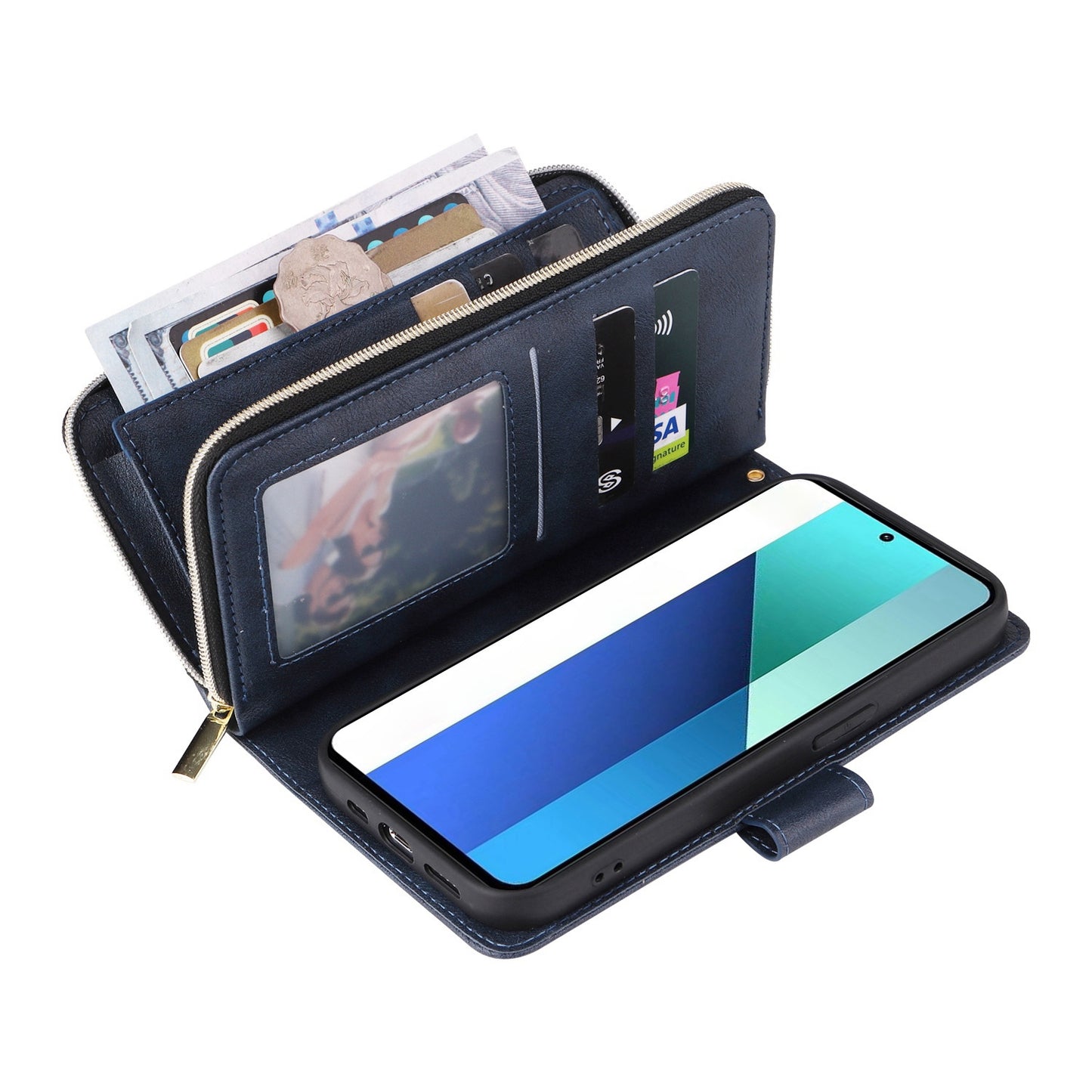 Redmi Note 13 4G Leather Wallet Case with 9 Card Slots, Zipped Cash Pocket & Kickstand - Premium PU TPU Protective Cover with Wrist Strap