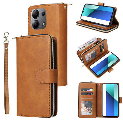 Redmi Note 13 4G Leather Wallet Case with 9 Card Slots, Zipped Cash Pocket & Kickstand - Premium PU TPU Protective Cover with Wrist Strap