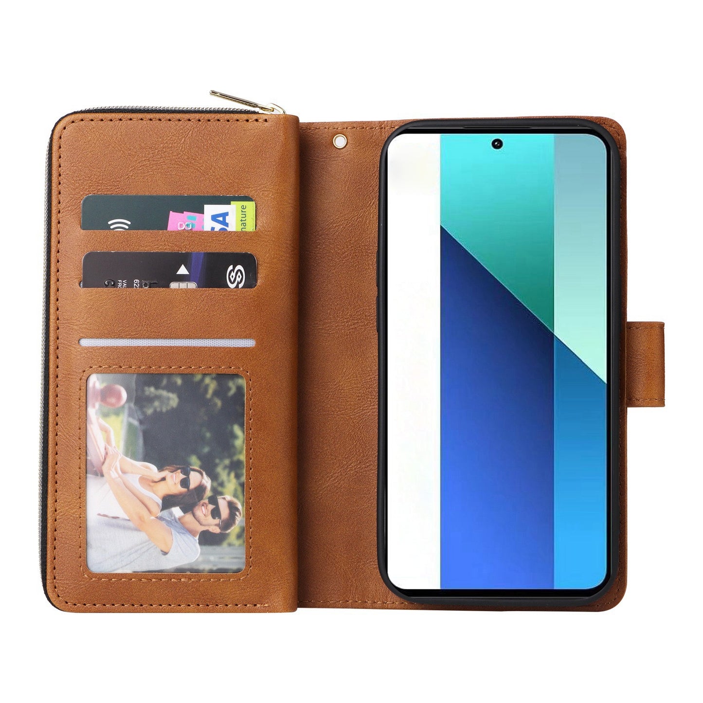 Redmi Note 13 4G Leather Wallet Case with 9 Card Slots, Zipped Cash Pocket & Kickstand - Premium PU TPU Protective Cover with Wrist Strap