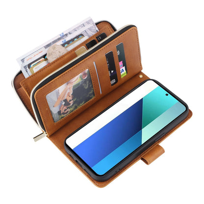 Redmi Note 13 4G Leather Wallet Case with 9 Card Slots, Zipped Cash Pocket & Kickstand - Premium PU TPU Protective Cover with Wrist Strap